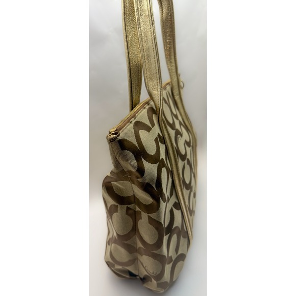 COACH Poppy Op Art Glam Gold Khaki Tote Bag Blue Teal Liner Signature C - Picture 6 of 12